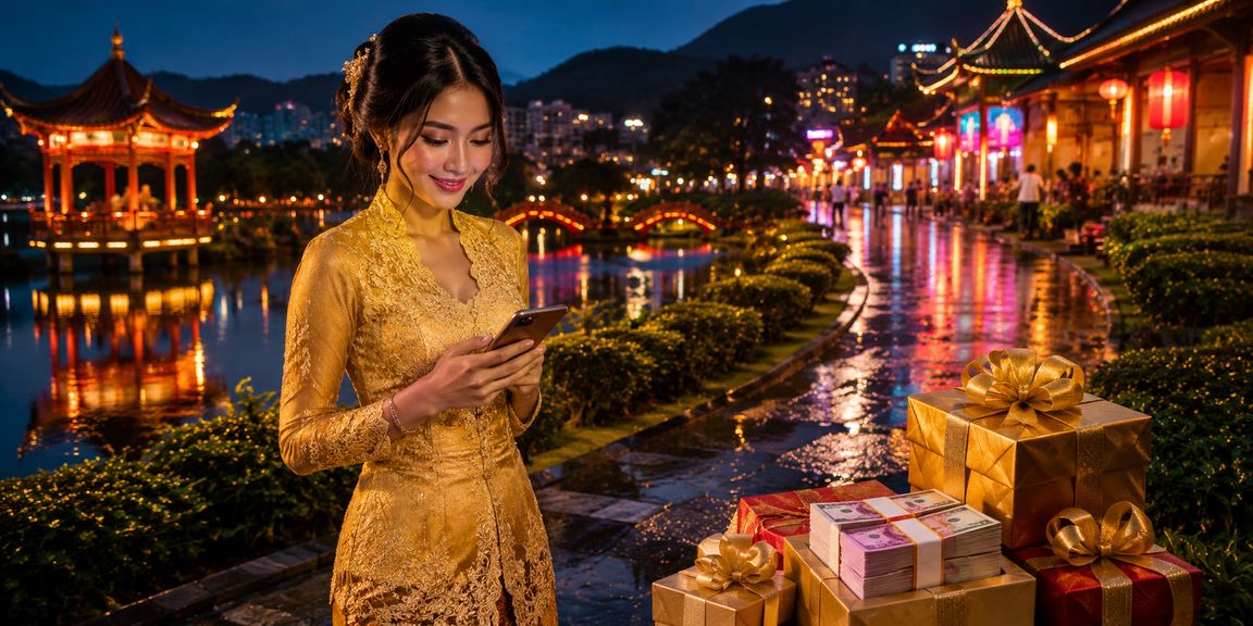 Pengguna Malaysia menggunakan kasino dalam talian melalui telefon mudah alih dengan pakaian tradisional kebaya